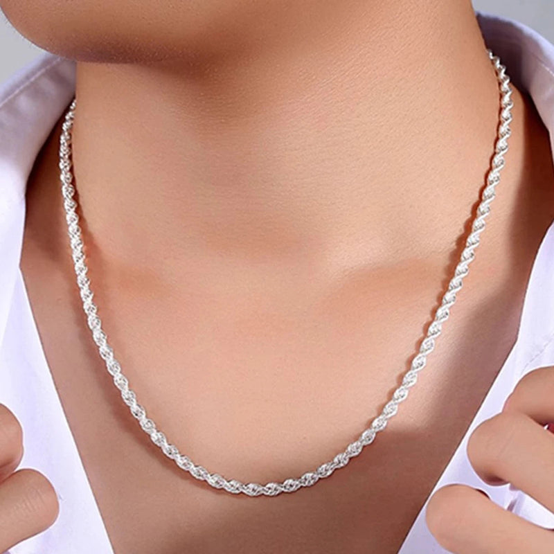 Silver Color 4mm Chain Male Twisted Rope Necklace Bracelets Fashion Women Men Silver High Quality Jewelry Set