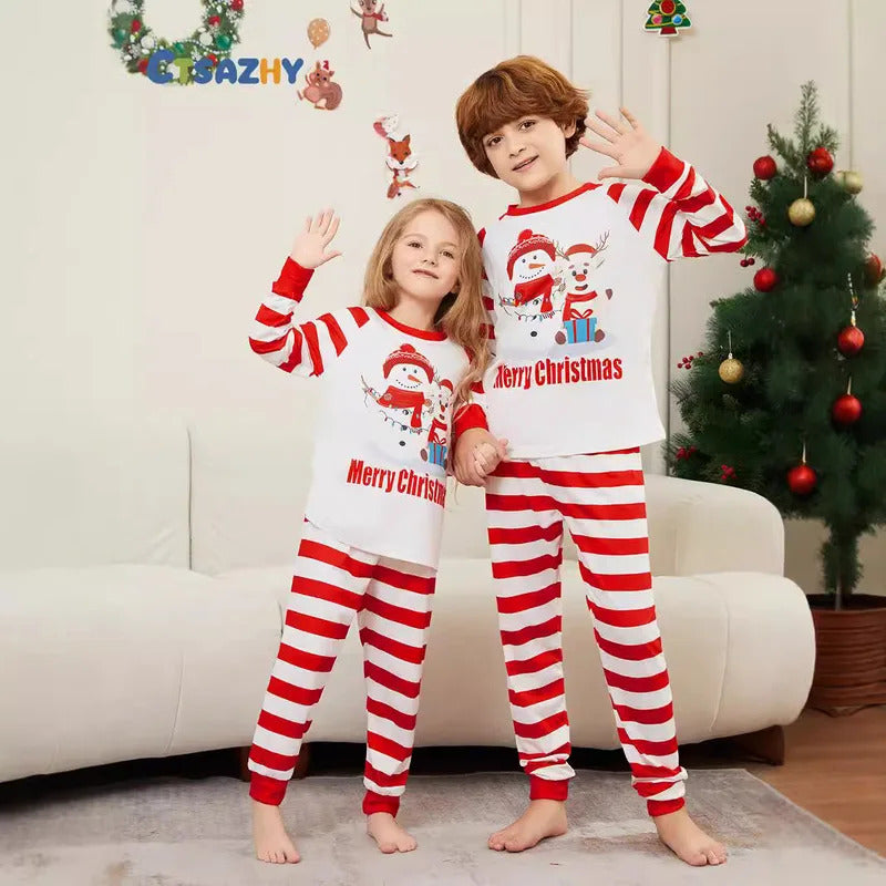 New Christmas family home dress Christmas Deer Snowman family suit red and white stripes patchwork printed pyjamas two-piece set