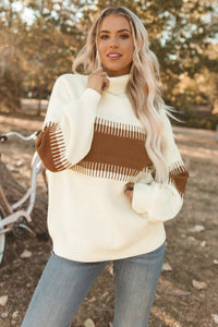 White Printed Patchwork Turtle Neck Knitted Sweater