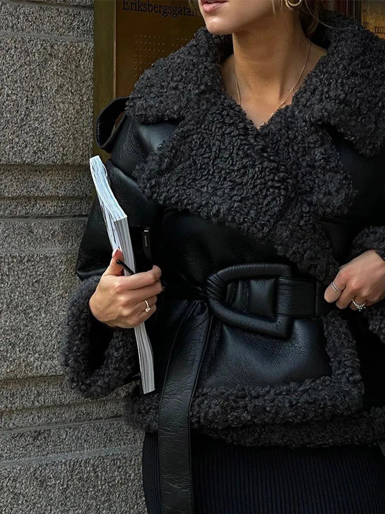 Women Luxury Long Sleeve Fur Splicing Leather Coats Fashion Lapel Oversized Warm Thicken Jacket 2024 Lady Cropped Street Outwear