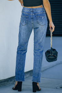 Sky Blue Buttoned Pockets Distressed Jeans