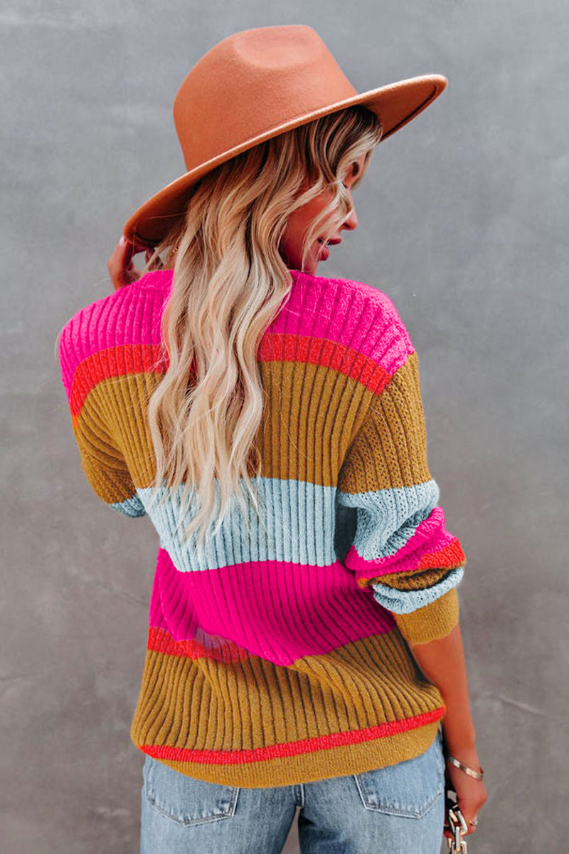 Rose Color Block Knitted Buttoned V Neck Sweater