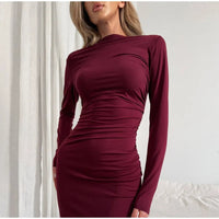 2024 Fashion Burgundy Skinny O-neck Midi Dress For Women Elegant Long Sleeved Back Split Vestidos New Female Party Evening Robes