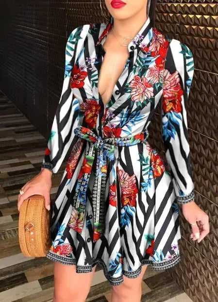 Hot Selling Women's S-2XL Size Fall Lapel Button Long Sleeve Casual Dress Fashion Printed with Belt Elegant Women's Dresses