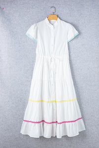 White Colorblock Rickrack Trim Short Sleeve Drawstring Waist Long Dress