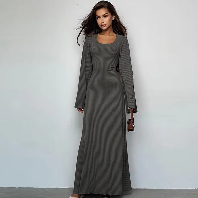 Long Flare Sleeved Maxi Floor-Length Dress Summer Solid Fashion Casual Office Lady Dresses for Women Slim Sexy Lace-up Vestidos