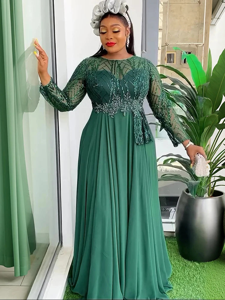 Long Sleeve Chiffon Dresses For Women African Dashiki Sequin Robe Dubai Abaya Wedding Party Birthday Gown 2025 Spring Clothing