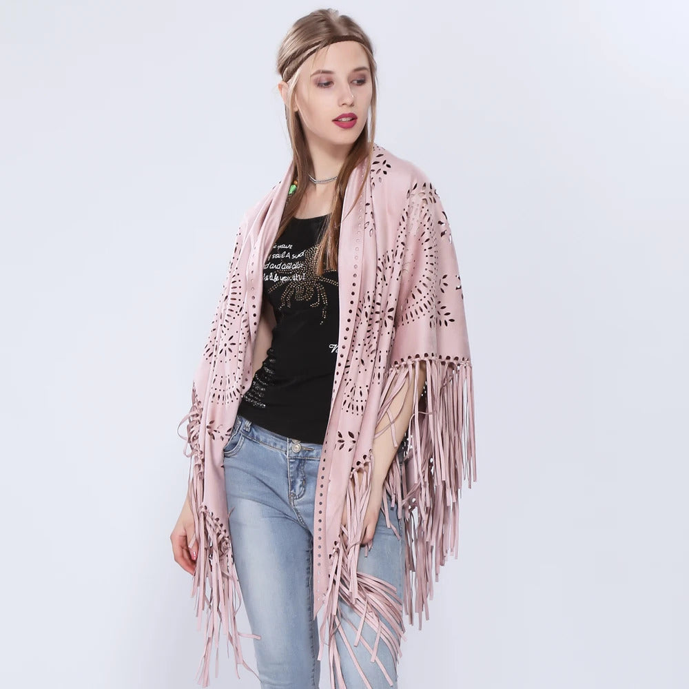 Women's Loose Suede Fringe Open Poncho Cloak Shawl Wrap with Punch Hole Patterns and Graceful Fringes Dropshipping