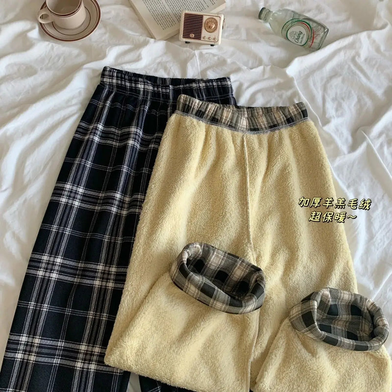 Padded Thickened Wide Leg Pants Winter LambswoolPlaid Pants Female High Waist Casual Straight Pants