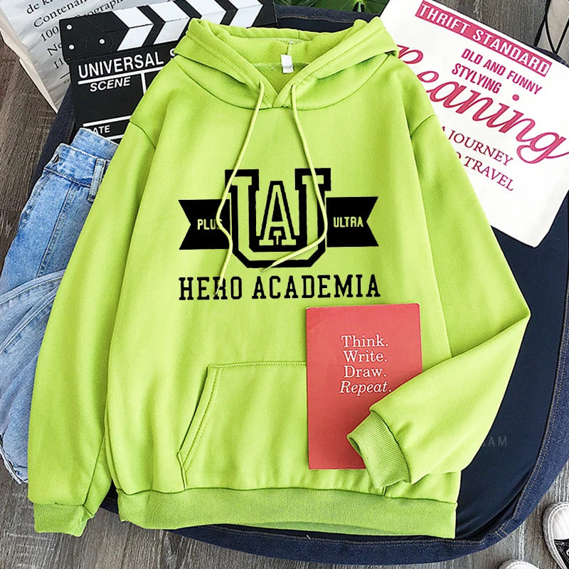 My Hero Academia UA Logo Anime Hoodies Simple Men Plus Size Streetwear Casual Warm Kangaroo Pocket Drawstring Sweatshirt