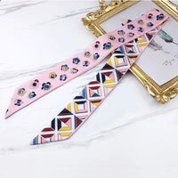 2024 Spring Border New Geometric Diamond Small Flowers Women's Decorative Small Silk Scarf Bundle Bag Handle Ribbon Small Scarf