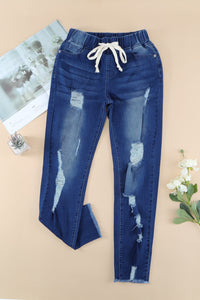 Blank Apparel - Blue Drawstring Elastic Waist Hole Ripped Jeans