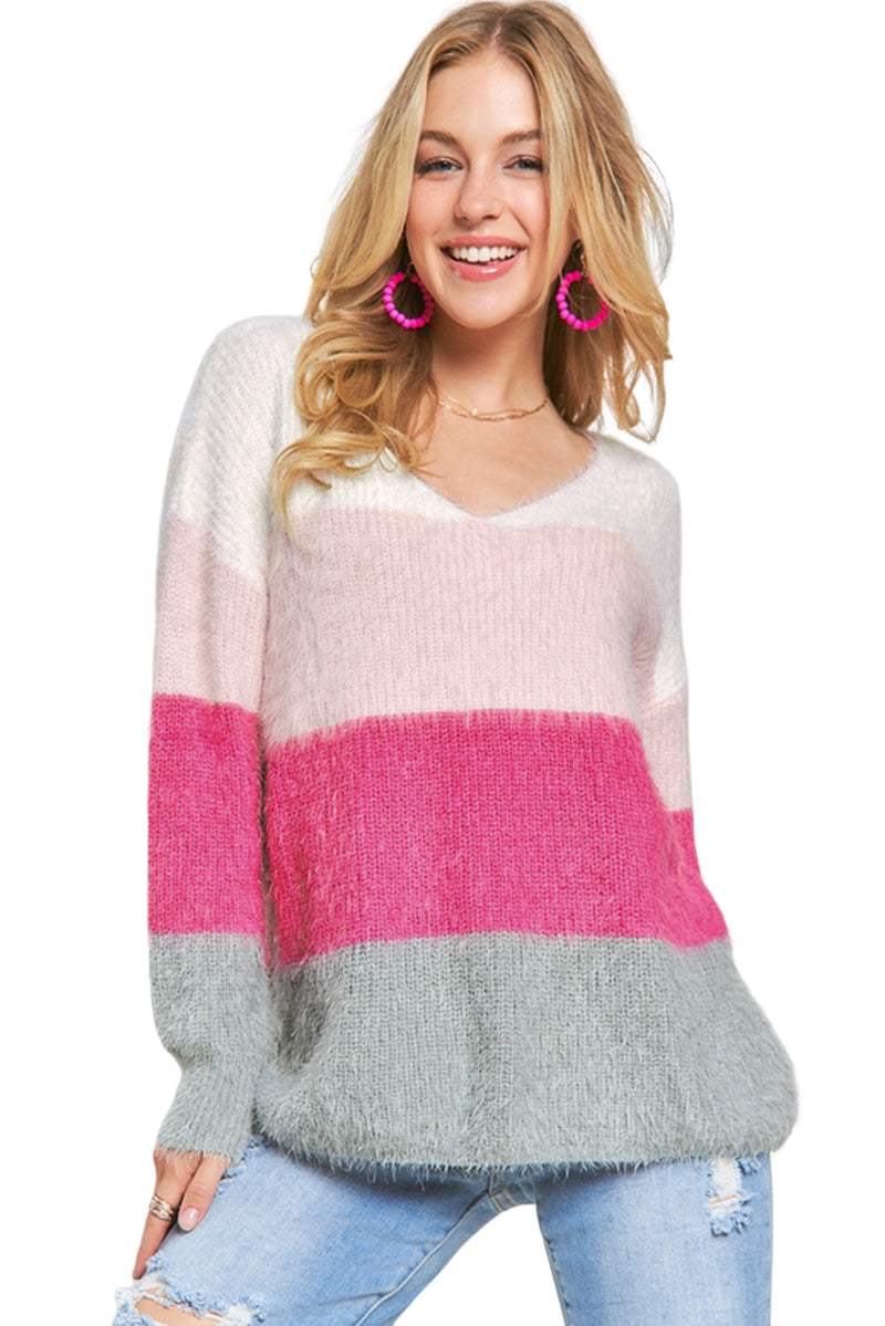 Striped Color Block Fuzzy V Neck Sweater