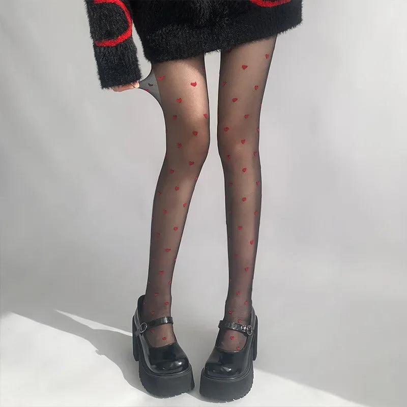 Pantyhose Woman Ultra thin Red Heart-shaped Dots Sexy Stockings Breathable Comfortable Long Black Stockings for Women