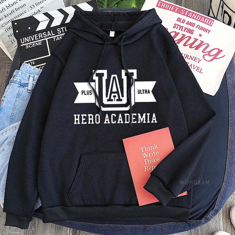 My Hero Academia UA Logo Anime Hoodies Simple Men Plus Size Streetwear Casual Warm Kangaroo Pocket Drawstring Sweatshirt