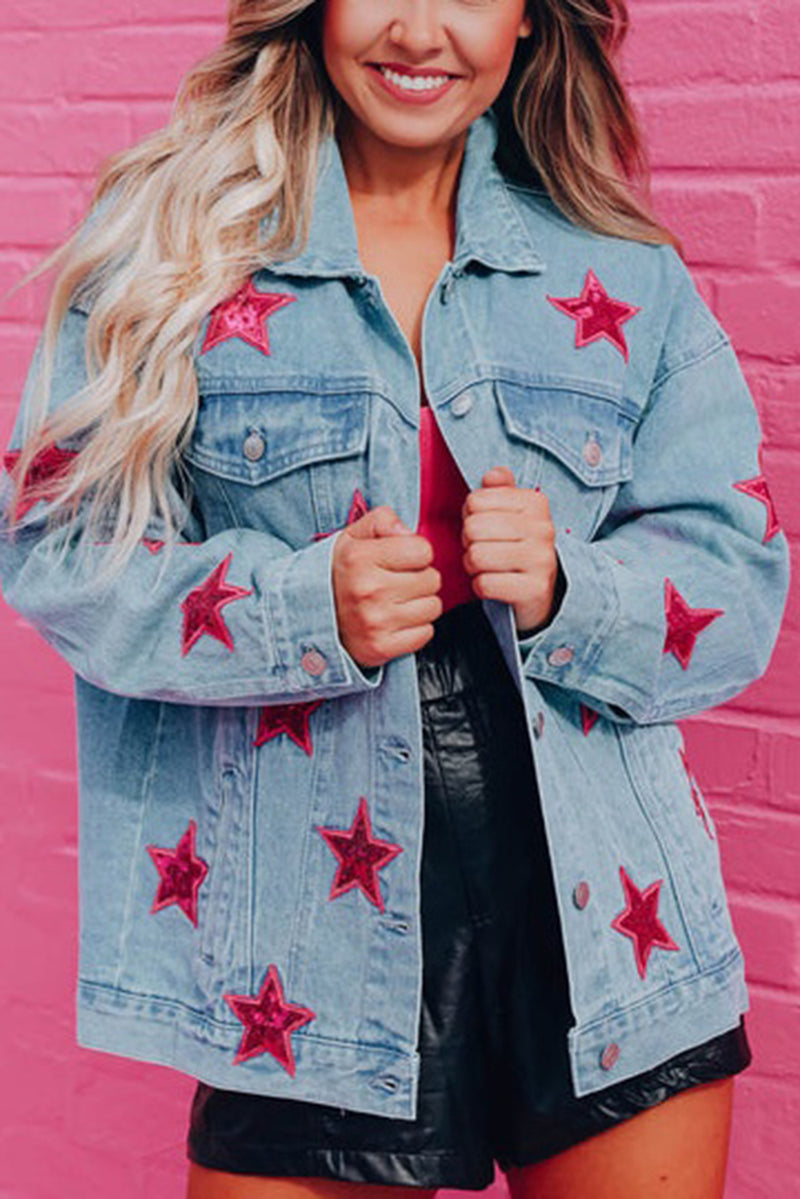 Light Blue Sequin Star Flap Pocket Denim Jacket