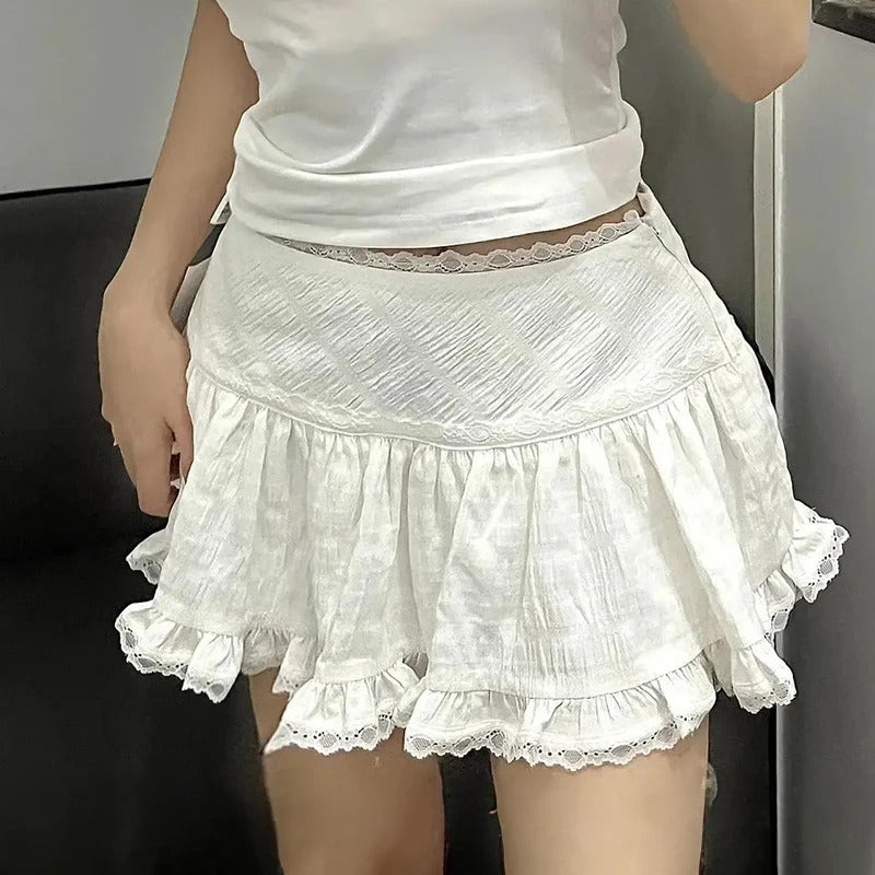 Balletcore Ruffled Mini Skirt with Lace Trim Low Rise Tiered White Skirt Summer Women TeenGirl Y2K Goth Outfit