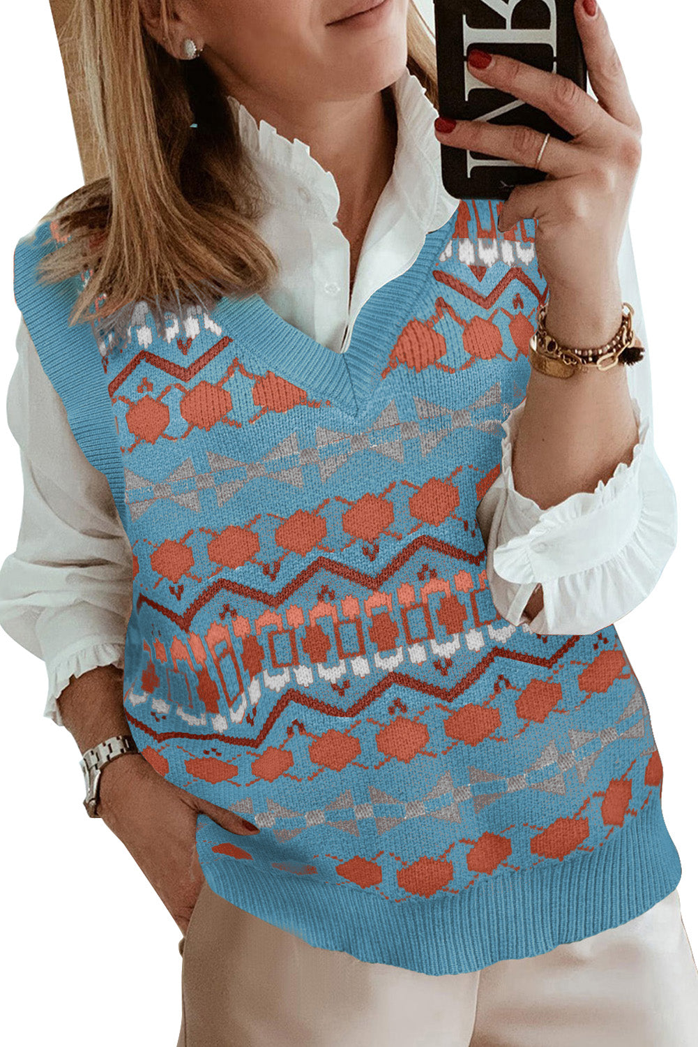 Sky Blue Tribal Print V Neck Knitted Sweater Vest