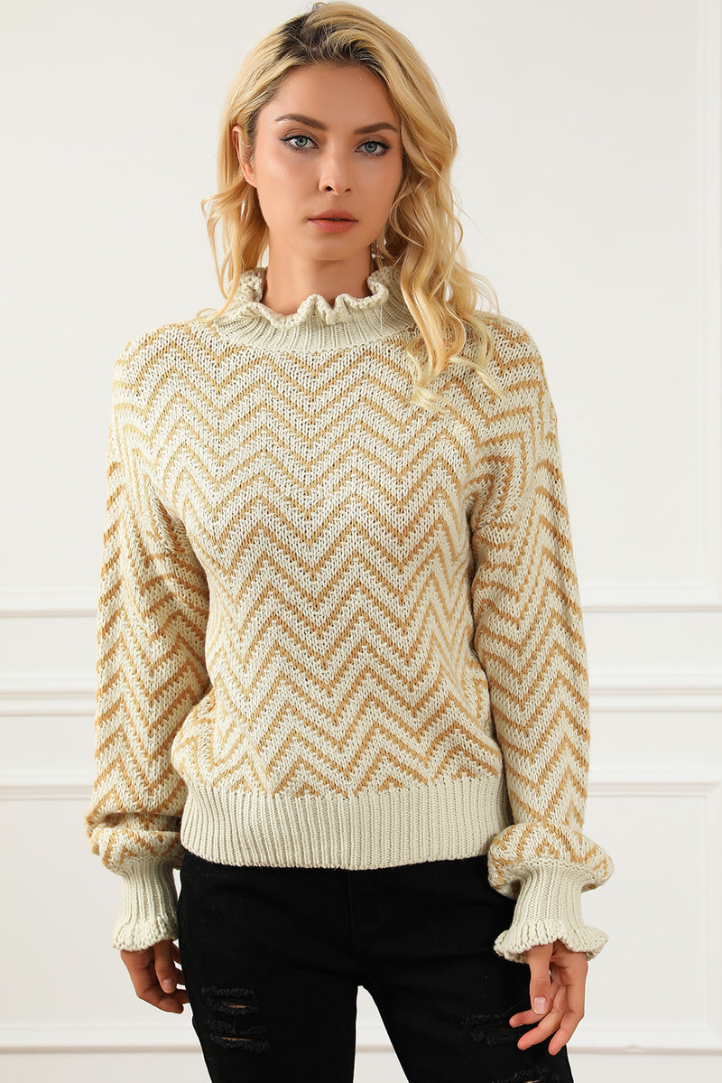 Khaki Chevron Striped High Neck Drop Shoulder Sweater