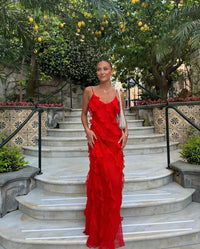 2024 Elegant Red Chiffon Slip Dresses for Women Sexy Spaghetti Strap Backless Lace-up Ruffles Long Maxi Evening Party Prom Dress