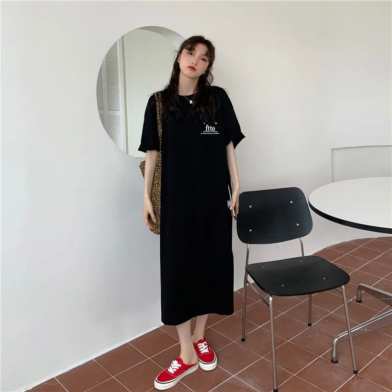 1 Piece plus Size WOMEN'S Loose Split Knee-length T-shirt Dress Casual Simple Fashionable Letter Print Nightgowns