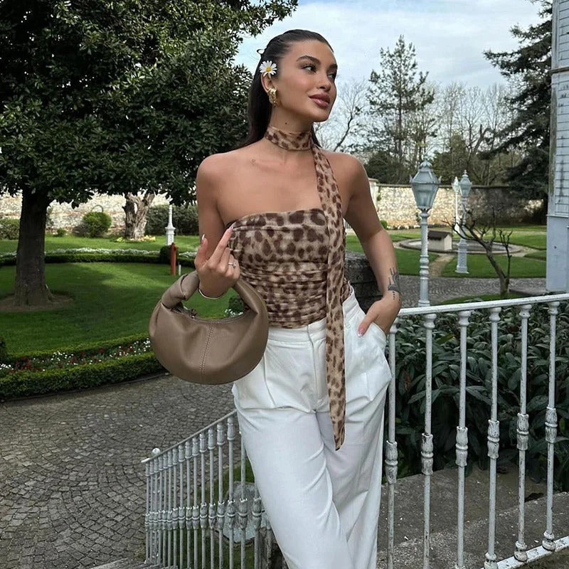 Women Tulle Leopard Print Top with Bandeau Off-the-shoulder Straight-cut Neckline Summer Casual Girls for Summer Blouse