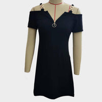 2023 Summer New Fashion Short Sleeve Solid Color Metal Zipper V Neck Casual Loose Mini Dress Loose Plus Size