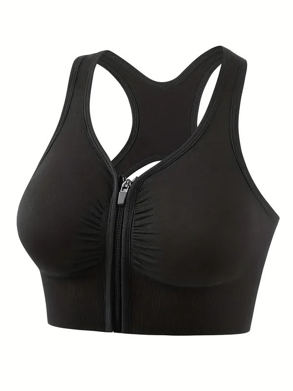 1 Piece Plus Size Sports Bra, Women's Plus Zipper Front Cut Out Racer Back Shockproof Fitness Bra