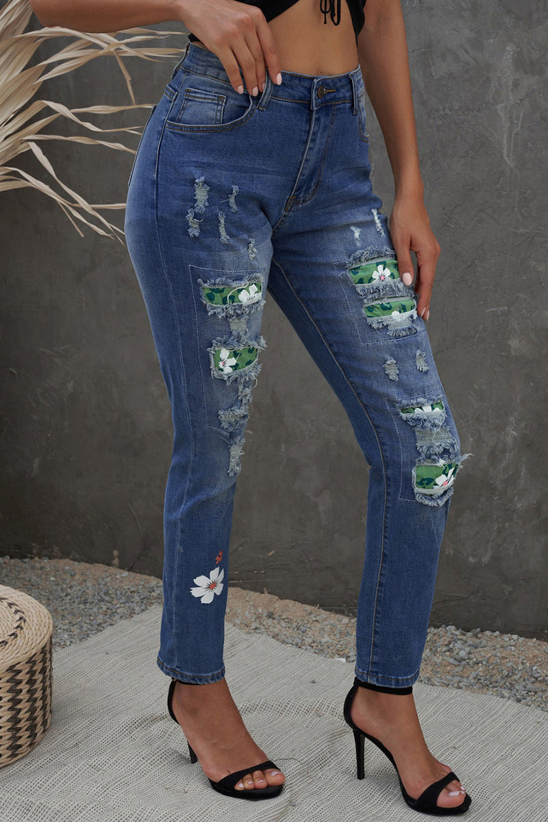 Sky Blue Floral Leopard Print Patchwork Distressed High Waist Jeans