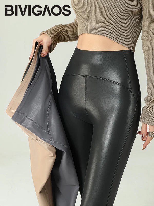 BIVIGAOS 2024 Fall Winter High-Grade Fleece PU Leather Leggings Women High Waist Hip Lift Tight Sexy Faux Leather Warm Leggings