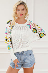 White Pointelle Floral Crochet Sleeve Sweater