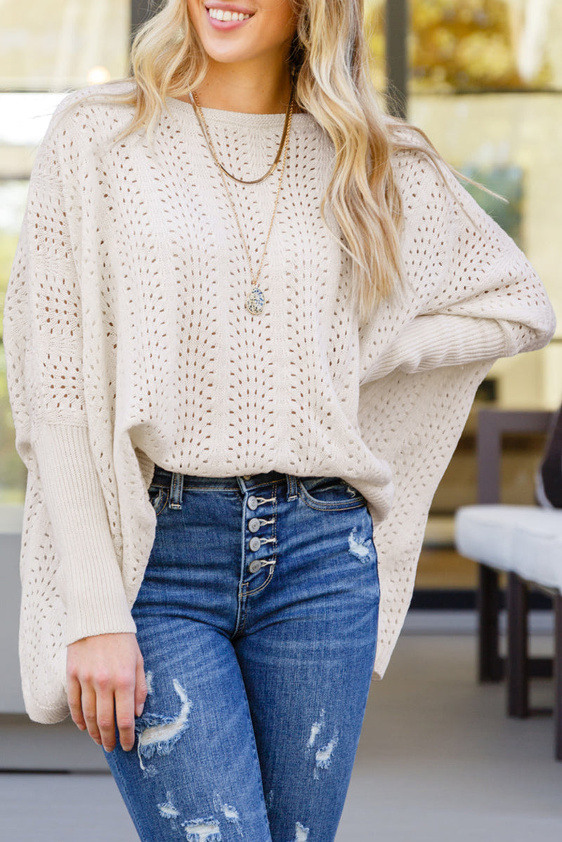 Beige Ribbed Hollow Knit Dolman Sleeve Sweater