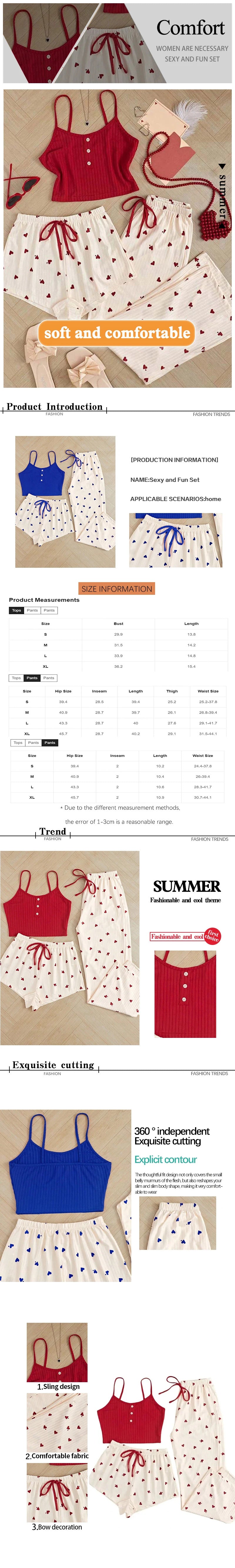 Three Piece Printed Vest Shorts and Bow Drawstring Pants Casual Women's Cute Heart-Shaped Print Paired with Home Pajamas Set