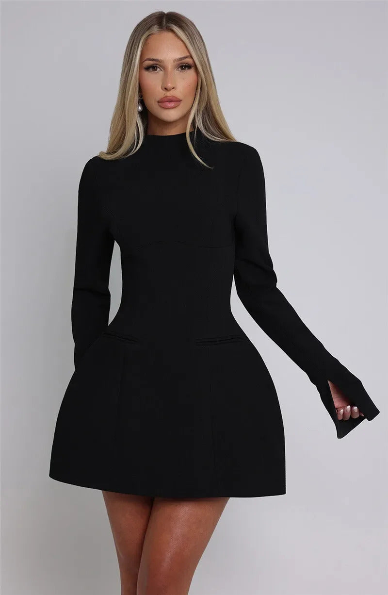 Women Long Sleeve Backless Sexy Mini Dress Elegant Autumn Winter O Neck High Waist Slim Fit Gown Fashion Lady Club Party Dresses