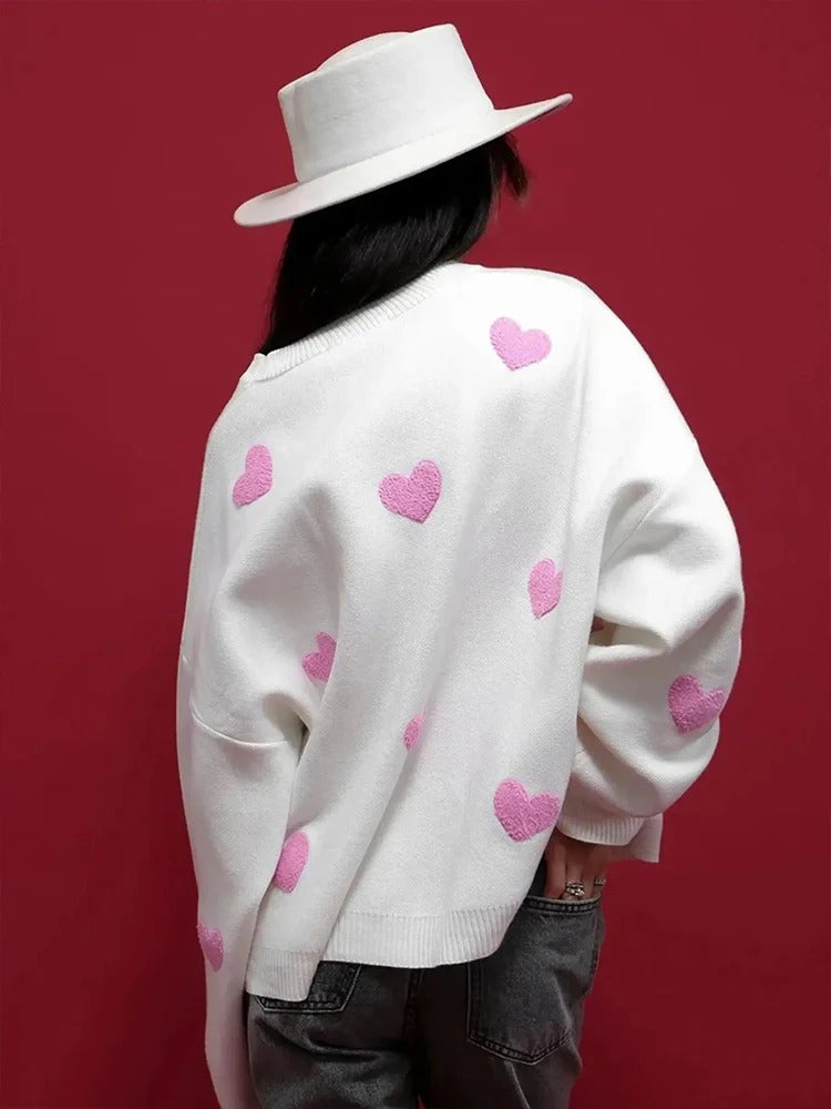 Sporty chic Women's Plus Size Valentine's Day Heart Pattern Sweater Casual Long Sleeve Drop Shoulder Sweater Women's