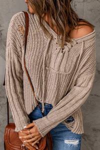 Lace Up V Neck Ripped Slouchy Sweater