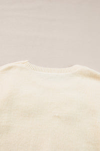 Beige Knitted Flower Pattern Ribbed Edge Sweater