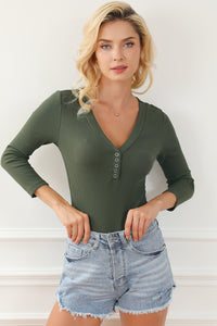 Green Waffled Long Sleeve Henley Bodysuit