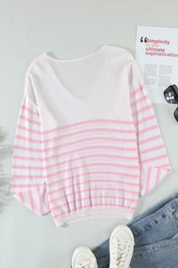 Pink Striped V Neck Long Sleeve Sweater