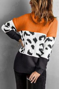 Orange Turtleneck Splicing Chunky Knit Pullover Sweater