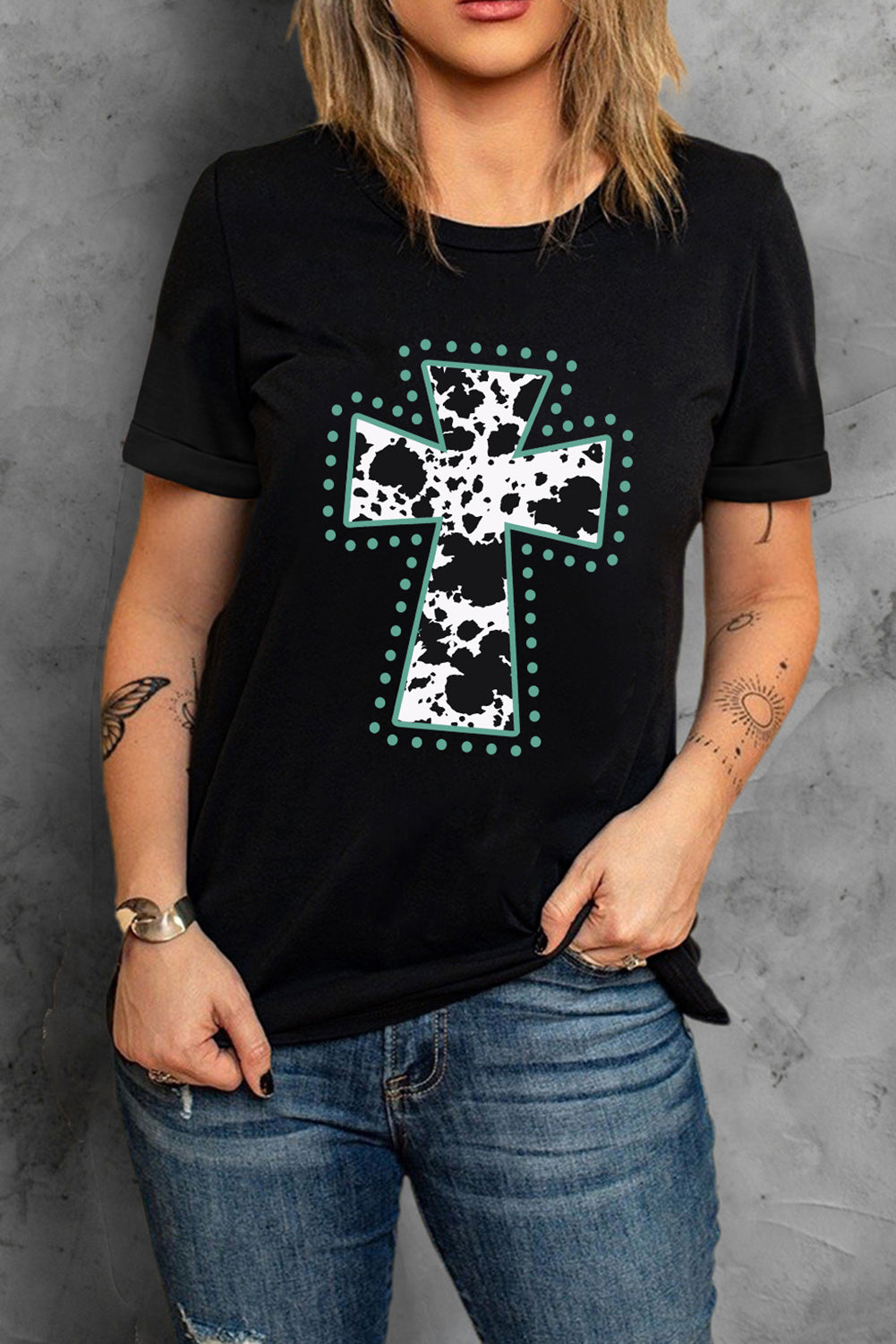 Black Animal Print Cross Graphic Tee