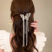 Butterfly Hair Clip With Long Tassel Hair Accessories For Women Elegant Imitation Pearl Rhinestone Shark Hairpins Jewelry