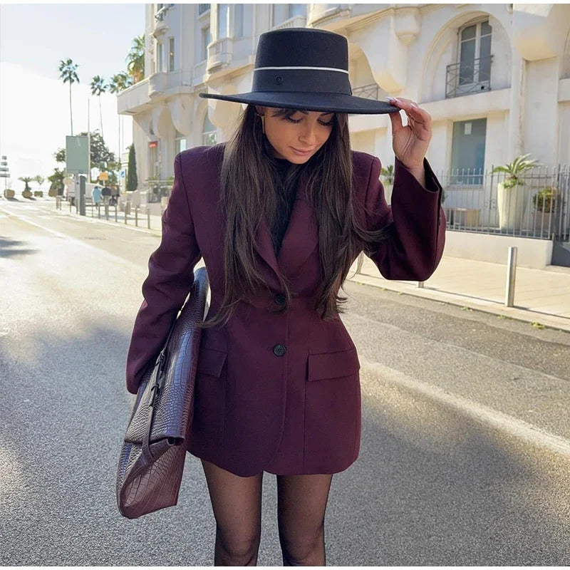 Elegant Solid Slim Blazer Jacket Women Long Sleeve Lapel Shoulder Pads Single Breasted Coat 2025 Spring Lady Office Outwear