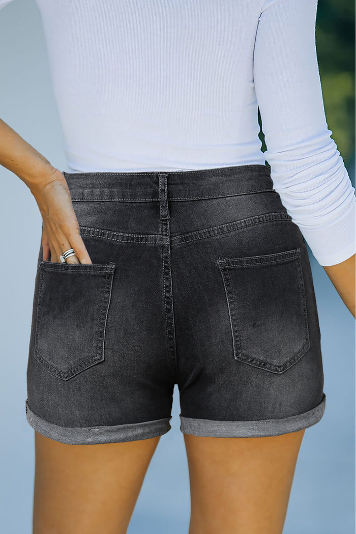 Black High Rise Cuffed Denim Shorts