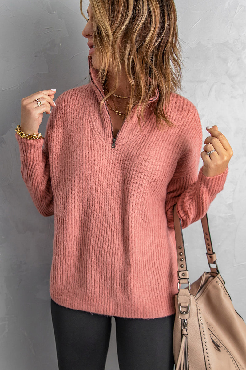 Pink Zip Neck Knitted Sweater