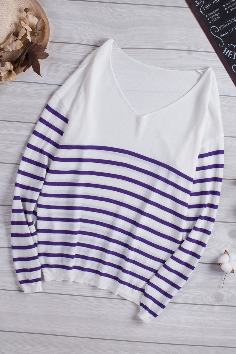 White Striped V Neck Long Sleeve Sweater