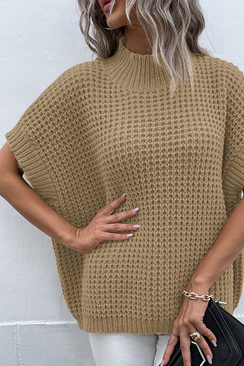 Light French Beige High Neck Short Batwing Sleeve Textured Knit Sweater