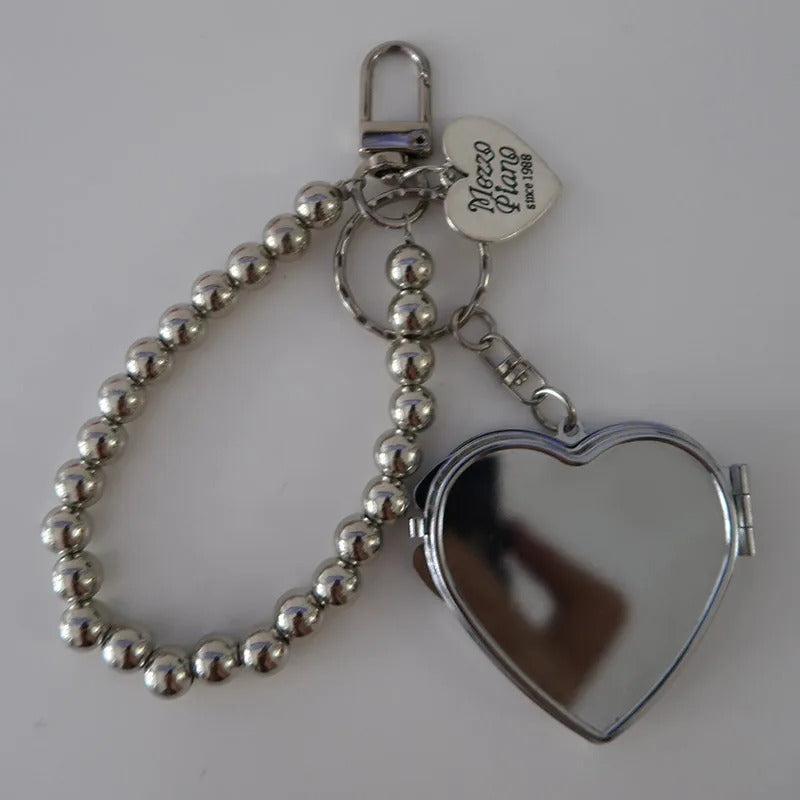 Metal Key Chain with Heart Shaped Mirror y2k Style Bag Pendant Sweet Cool Trendy Fashion Pendant