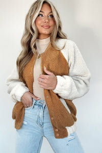 Brown Contrast White Sleeve Snap Button Sherpa Jacket