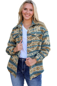 Blue Western Aztec Print Button Flap Pocket Shacket